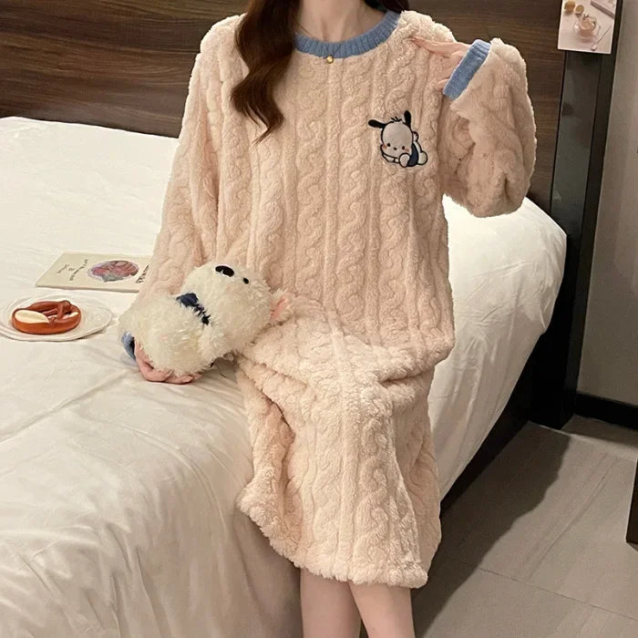 Plus Size Women Winter Nightdress Cartoon Coral Fleece Warm Nightgown Sweet Pajamas Soft Flannel Velvet Home Clothes Sleepdress