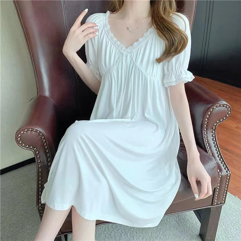 Women's Sleep & Lounge New Soft Women Sleep Skirt Cotton Short Sleeves Nightdress Black Luxury Ladies Shirt Casual Home Dress