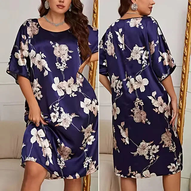 Plus Size Long Bohemia Nightdress Sleepwear Female Nightgown Lounge Wear Casual Bat Sleeve Bikini Robe Dress Ice Silk Homewear