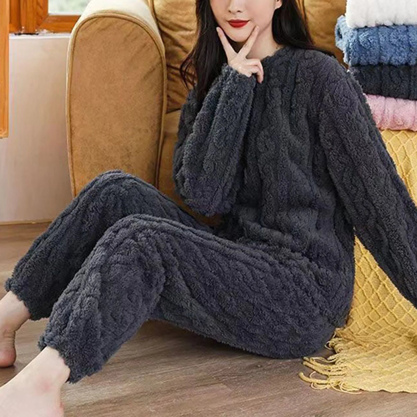 New Pajama Sets Women's Solid Long Sleeve Winter Woman Fluffy Pijama Suit with Pants Thick Warm Fleece Home Clothes for Female