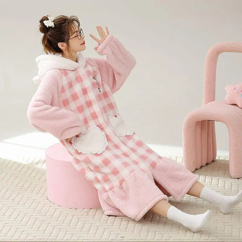 Kawaii Hello Kitty Hooded Pajamas Pajamas Girls Autumn Winter Long-Sleeved Tops Sanrio Thickened Bathrobe Casual Home Wear Set