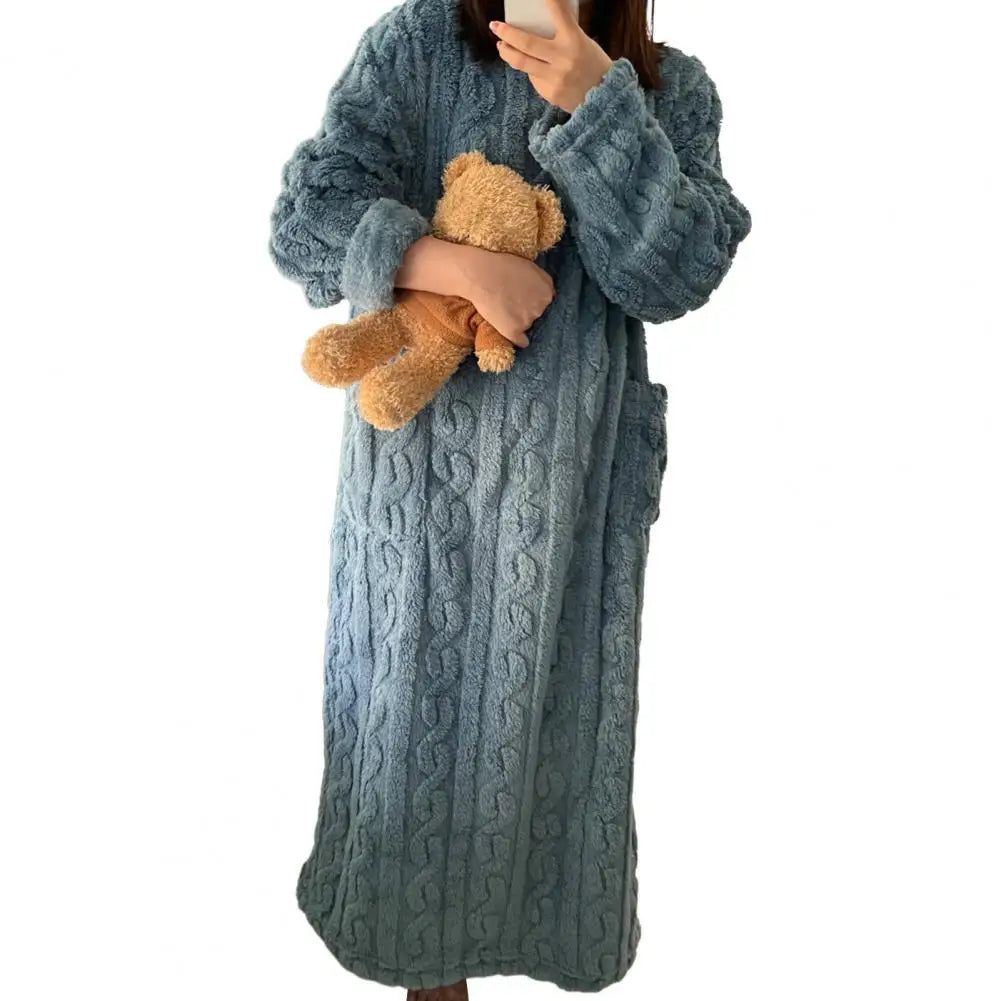 Winter Nightgown Thick Coral Fleece Loose Pockets Warm Women Pajama Dress Twisted Texture Thermal Homewear Lady Nightdress