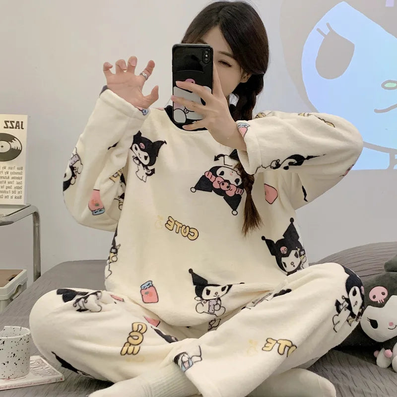 Hot Kawaii Hello Kitty Pajamas Long-Sleeved Tops Girls Cartoon Flannel Pajamas Sweet Cute Plush Casual Home Wear Set Trousers