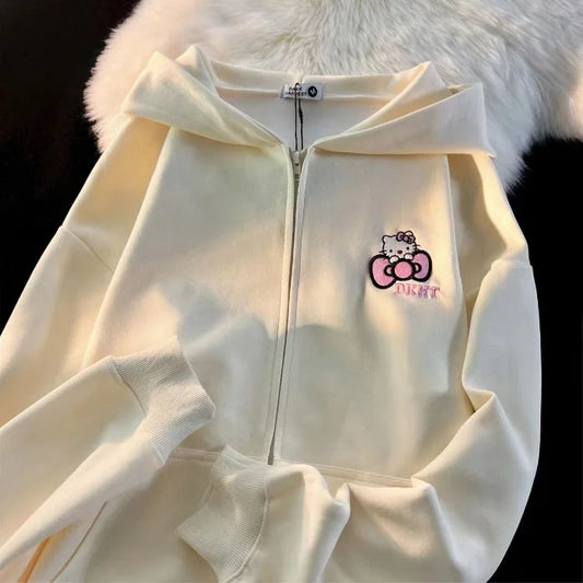 Kawaii Sanrio Hellokitty Hooded Sweatshirt Cute Girl Cardigan Sweet Coat Couple Windbreaker Loose Casual Cardigan All-Match Coat