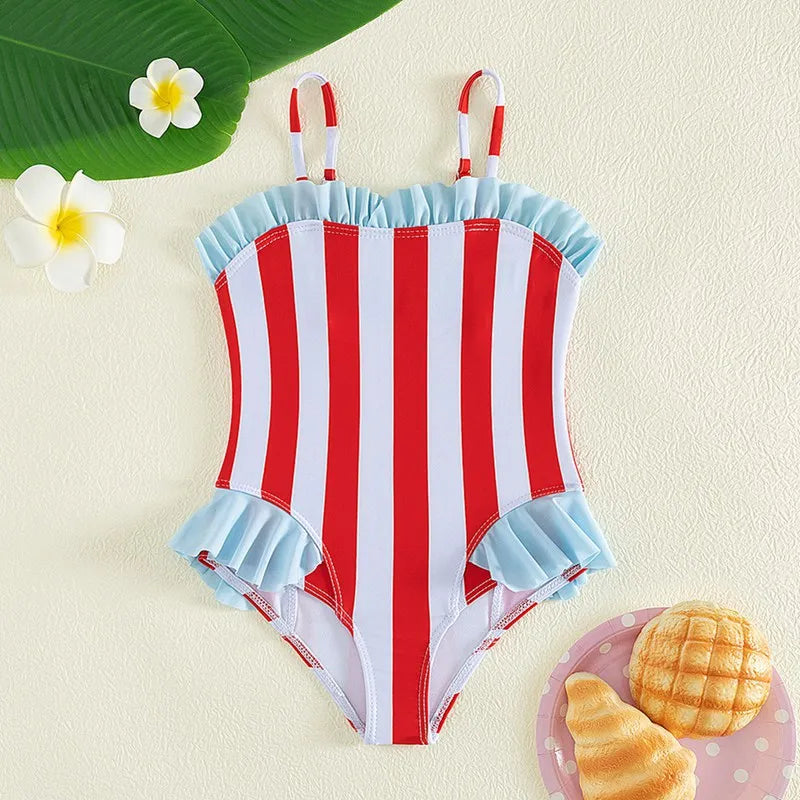 4-7 years Girls Swimsuit Summer Bikini Set One-Piece Stripe Ruffle Sets Kids Girls Sunscreen Beach Swimwear ( excellent quality )