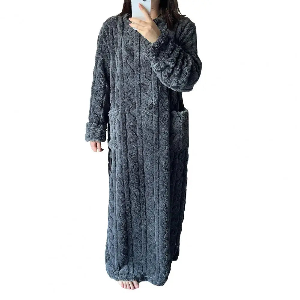 Winter Nightgown Thick Coral Fleece Loose Pockets Warm Lady Nightdress Round Neck Twisted Texture Long Sleeve Thermal Homewear