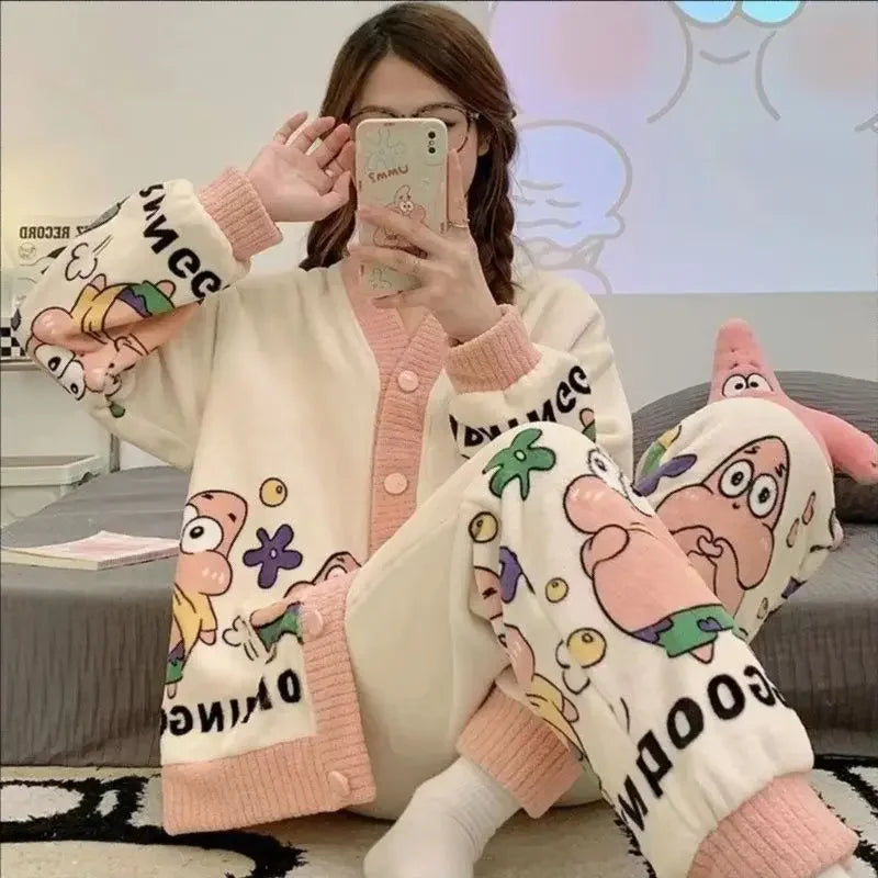 Hot Kawaii Hellokitty V-Neck Pajamas Girl Cute Sweet Home Clothes Sanrio My Melody Autumn Winter Flannel Cotton Suit Casual Wear