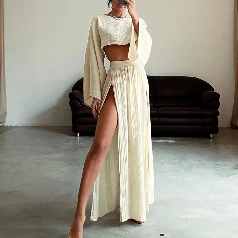 Women Crop Top Skirt Set Long Sleeve Slant Neck Short Top High Waist Split Skirt Beach Bikini Coverup Club Party Top Skirts Set