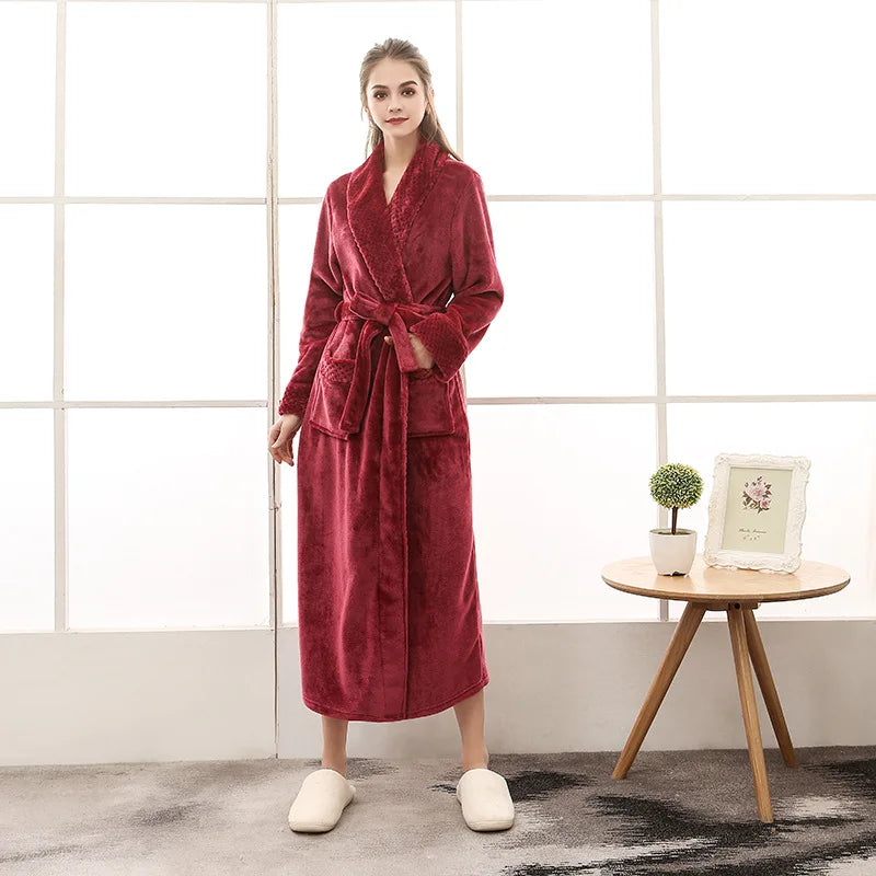 Night Dress Women Bathrobe Flannel Robe Women's Winter Lengthened Coralline Plush Shawl Bathrobe Long Sleeved Warm Bath Robe Men