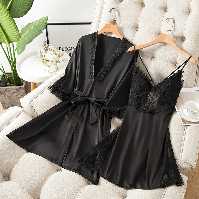 2PCS Kimono Robe Set Womens Satin Sleepwear Nightgown Sexy Casual Loungewear Home Wear Intimate Lingerie Lace Bathrobe Gown