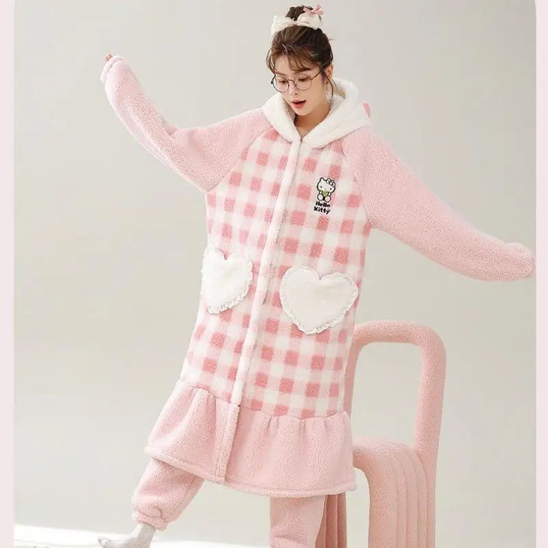 Kawaii Hello Kitty Hooded Pajamas Pajamas Girls Autumn Winter Long-Sleeved Tops Sanrio Thickened Bathrobe Casual Home Wear Set