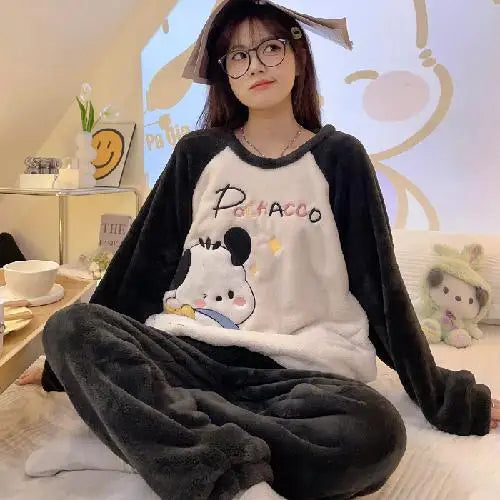 Hot Kawaii Hello Kitty Autumn Winter Pajamas Long-Sleeved Tops Sanrio Girls Flannel Pajamas Cute Cartoon Casual Home Clothes Set