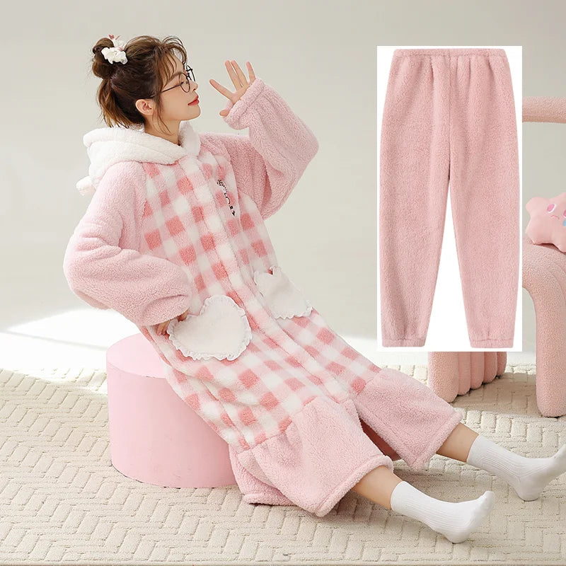 Kawaii Hello Kitty Hooded Pajamas Pajamas Girls Autumn Winter Long-Sleeved Tops Sanrio Thickened Bathrobe Casual Home Wear Set