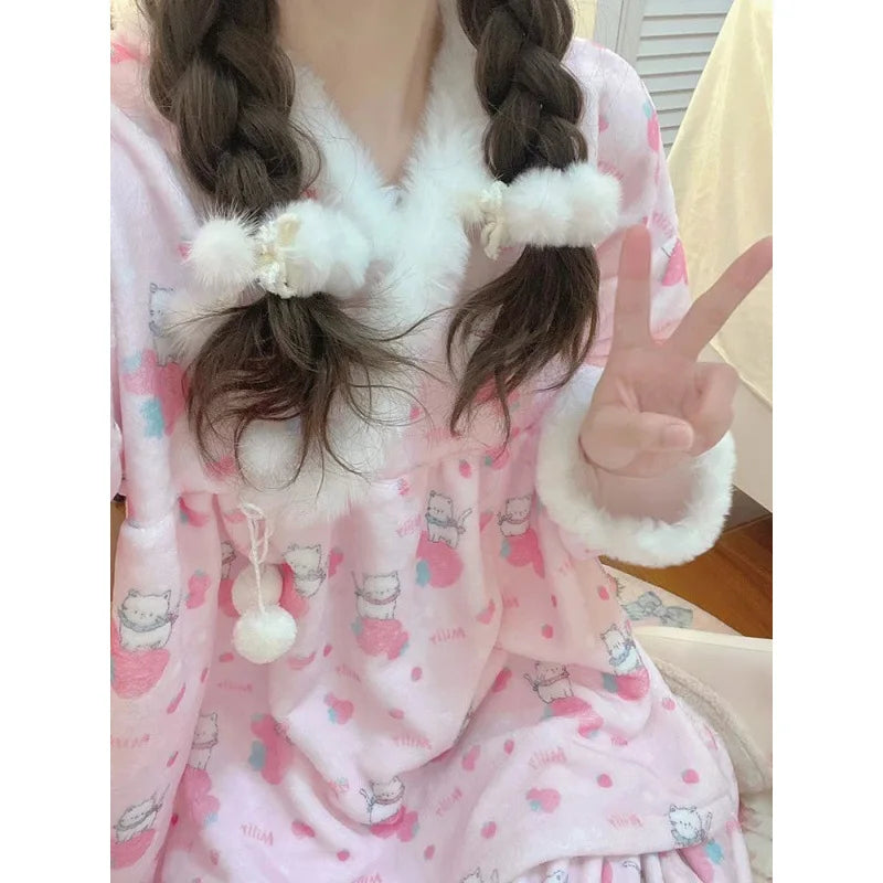 Kawaii hello kitty pajamas pajamas 2pcs girls long-sleeved tops Sanrio cute cartoon coral velvet casual home clothes warm suit