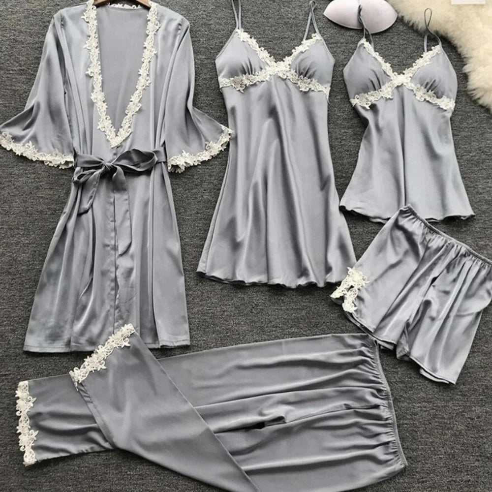 2024 Sexy Five-Piece Pajamas Women's Summer Half Sleeve Bridal Gown Plus Size Homewear Nightgown Bathrobe European and American