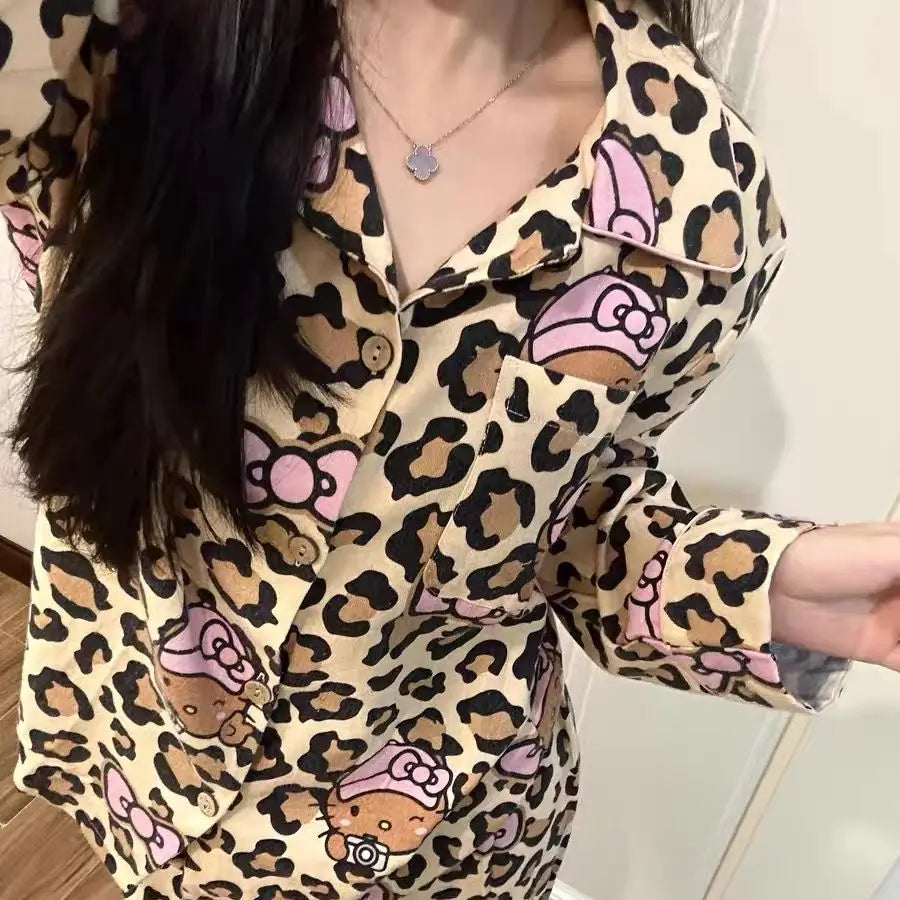 Hot Kawaii Hello Kitty Sweet Leopard Print Pajamas Pajamas Sweet Girls Long Sleeve Cute Tops Ins Pants Casual Home Wear Set