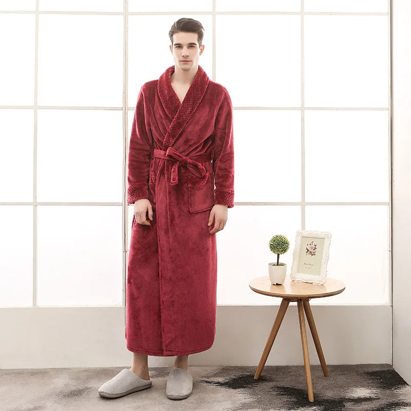 Night Dress Women Bathrobe Flannel Robe Women's Winter Lengthened Coralline Plush Shawl Bathrobe Long Sleeved Warm Bath Robe Men