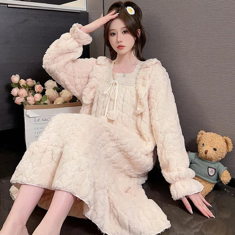 5XL Plus Size Women Winter Nightgown Sweet Coral Velvet Long Sleepwear Warm Home Clothes Fleece-Lined Thickened Robe Sleep Dress