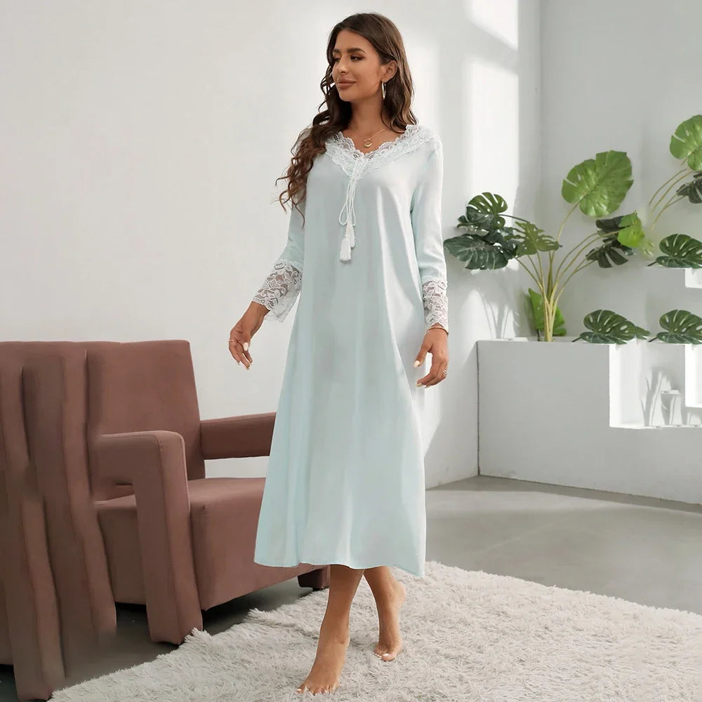 Long Nightgown Women Modal Home Dress V-Neck Solid Fashion Long Sleeves Night Gown Women New Autumn Winter Night Women Sleepwear