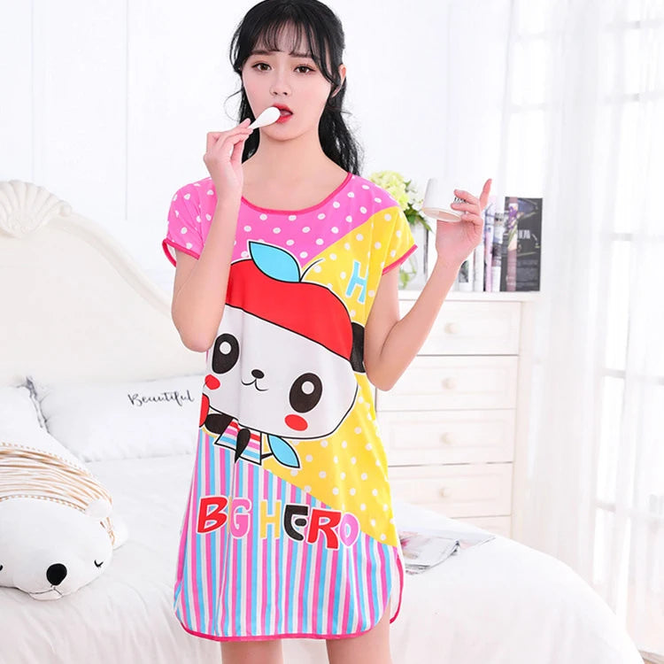 Women Printed Cartoon Sexy Sleepwear Round Neck Lingerie Cute Nightdress One Piece Thin Summer Female Pajamas Nighty Home Wear