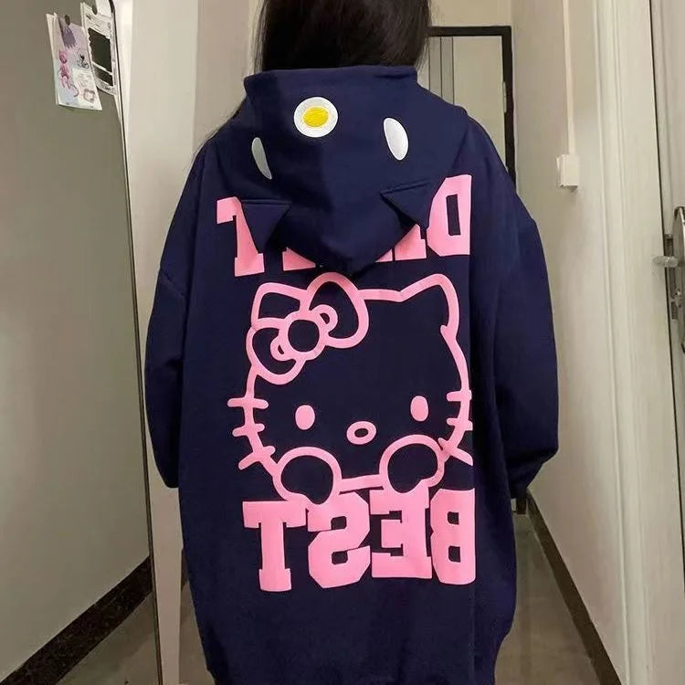 Kawaii Sanrio Hellokitty Hooded Sweatshirt Cute Girl Cardigan Sweet Coat Couple Windbreaker Loose Casual Cardigan All-Match Coat