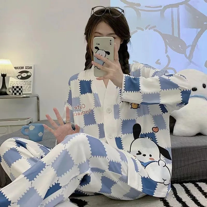 Kawaii Long-Sleeved Tops Pajamas Girl Sweet Hello Kitty Cute Pajama Pants Kuromi Casual Pants Pochacco Home Wear Set