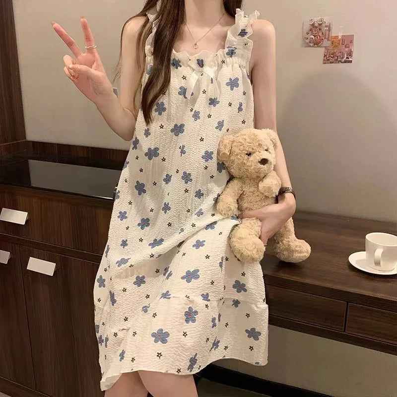 Plus Size Summer Suspender Nightdress with Chest Pad Korean Sleep Dress Loose Pajamas Outerwear Ruffle Thin Cartoon Loungewear