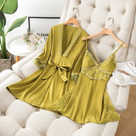 2PCS Kimono Robe Set Womens Satin Sleepwear Nightgown Sexy Casual Loungewear Home Wear Intimate Lingerie Lace Bathrobe Gown