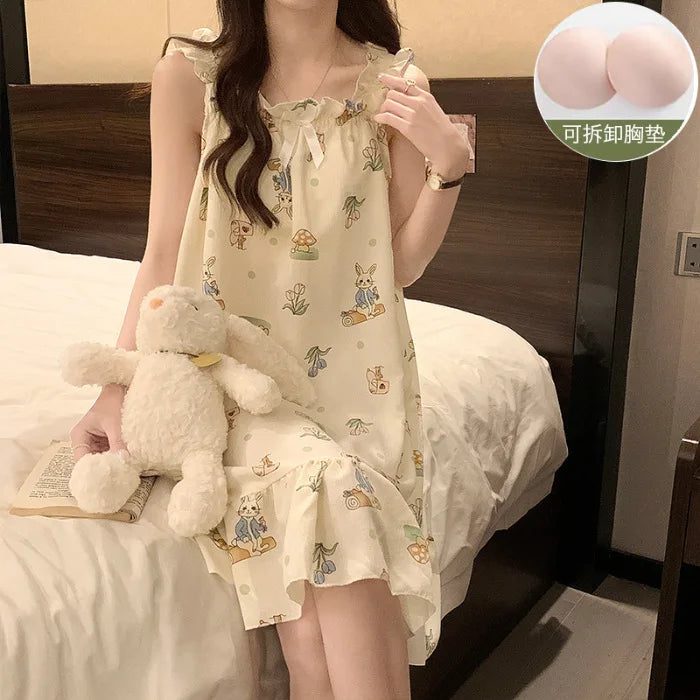 Plus Size Summer Suspender Nightdress with Chest Pad Korean Sleep Dress Loose Pajamas Outerwear Ruffle Thin Cartoon Loungewear