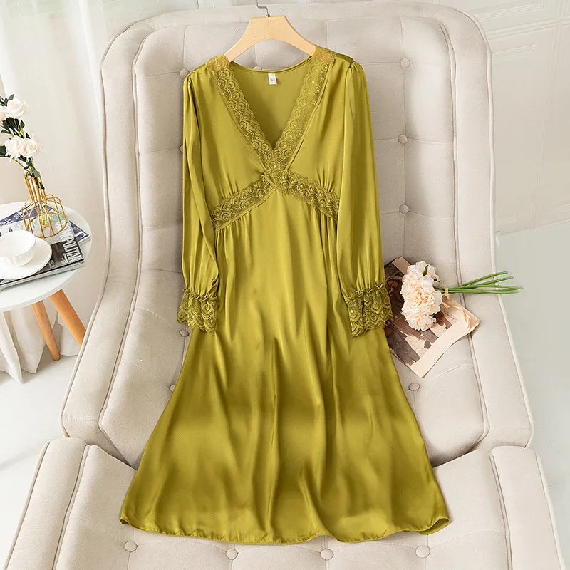 Vintage Lady Girls Nightdress V-Neck Nightgown Princess Dress Sleepshirts Royal Style Sleepwear Satin Home Dresses Loungewear