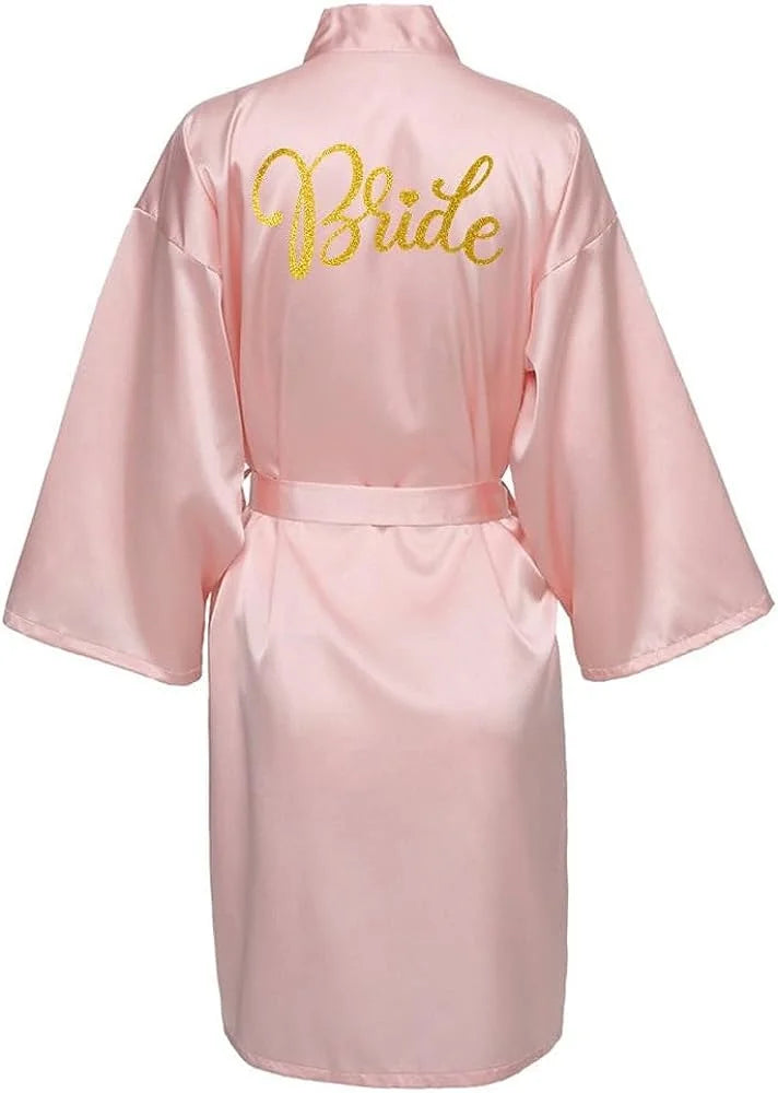 Bride Bridesmaid Wedding Robe Kimono Bathrobe Nightgown Satin Women Nightwear Sleepwear Gold Letter