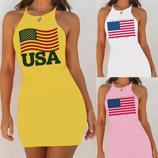 Fashion USA Letter Print Aesthetic 90s Sexy Sleeveless Night Dress Casual Summer Nightwear Slim Pack Hip Sleepshirts 3 Colors