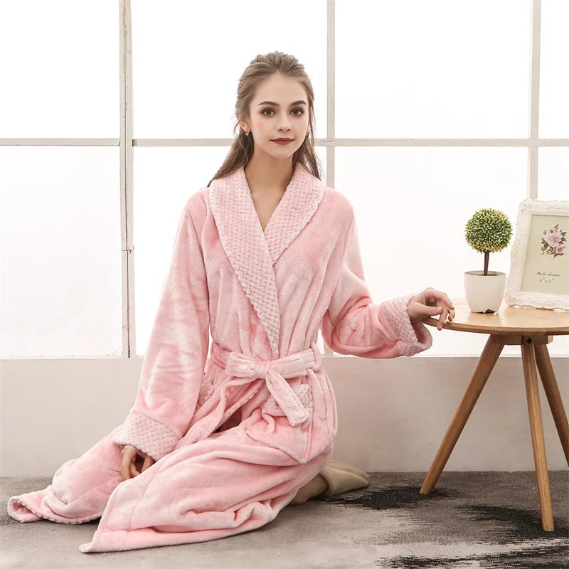 Night Dress Women Bathrobe Flannel Robe Women's Winter Lengthened Coralline Plush Shawl Bathrobe Long Sleeved Warm Bath Robe Men