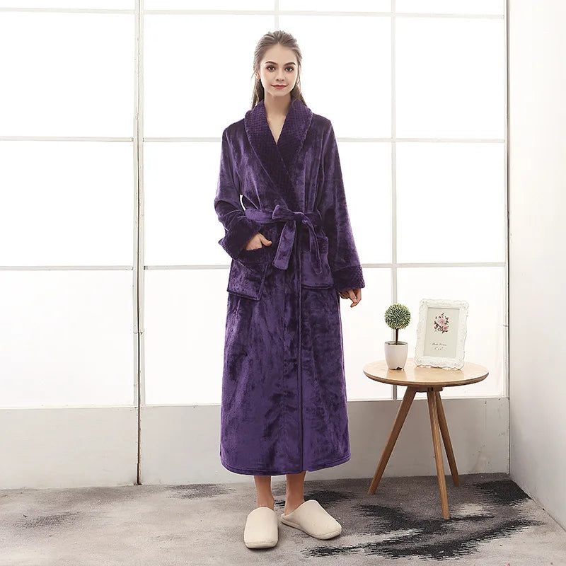 Night Dress Women Bathrobe Flannel Robe Women's Winter Lengthened Coralline Plush Shawl Bathrobe Long Sleeved Warm Bath Robe Men