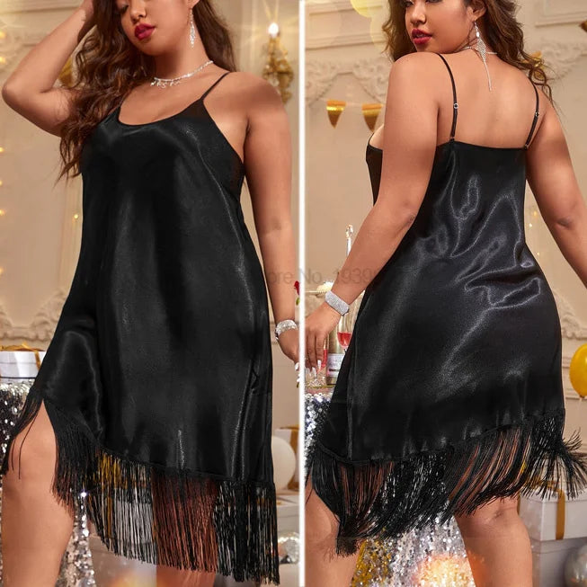 Large Size 3XL-5XL Nightgown With Tassel Black Lady Sleepdress Spaghetti Strap Nightwear Sexy Chemise Sleepwear Satin Lingerie