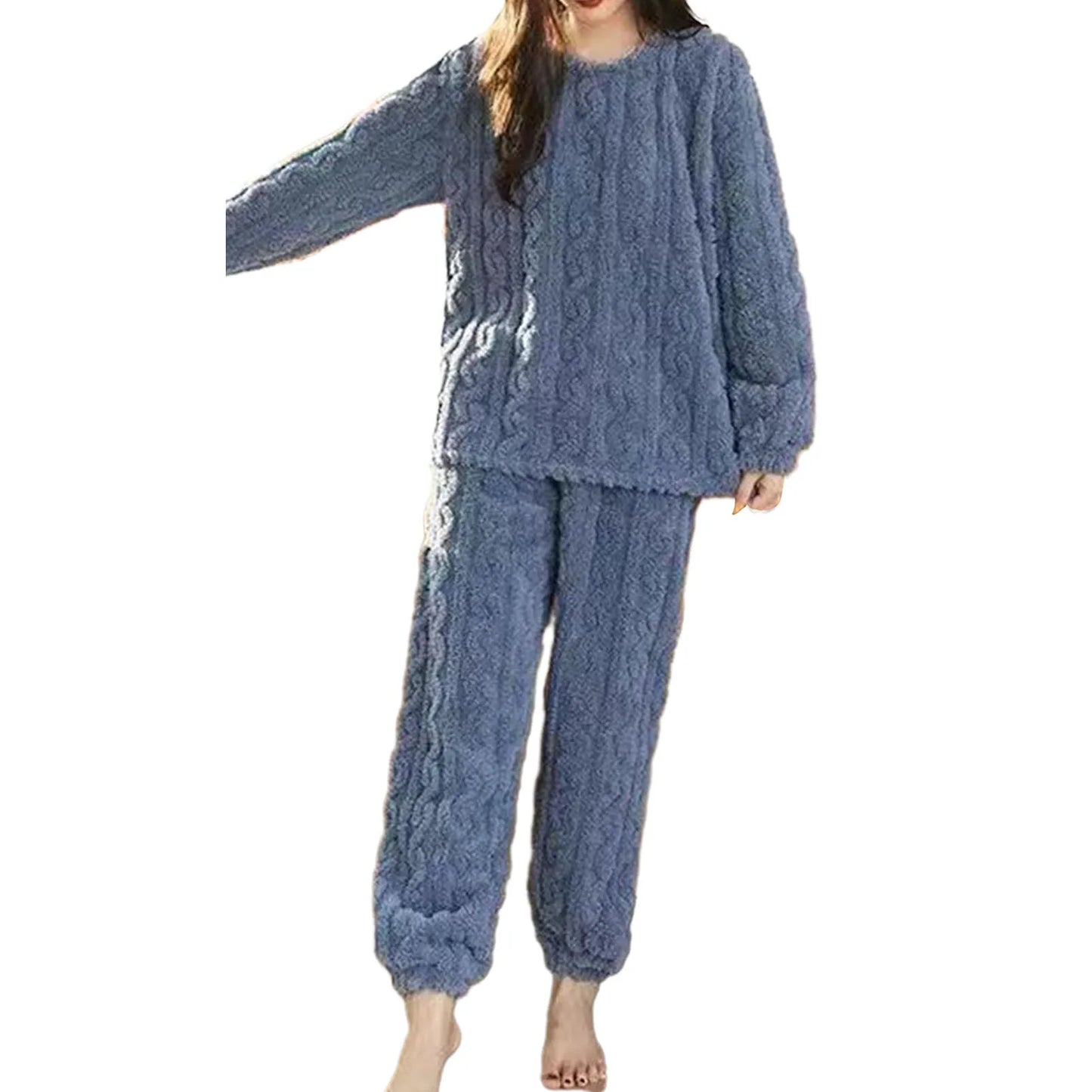 New Pajama Sets Women's Solid Long Sleeve Winter Woman Fluffy Pijama Suit with Pants Thick Warm Fleece Home Clothes for Female