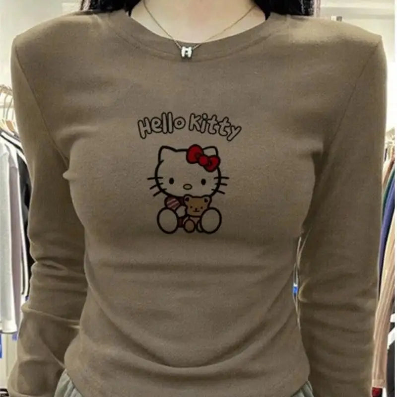 Hot Kawaii Hello Kitty Plush Bottoming Shirt One-Shoulder Sweet Sanrio Spicy Girl Lined Low-Neck Slim Long-Sleeved T-Shirt Top