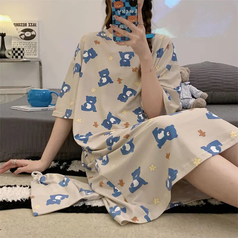 Plus Oversize Women Pajamas Dress Female Loose Cartoon Print Long Sleep Shirt Girls Thin Summer Home Clothing Can Be Wear Out