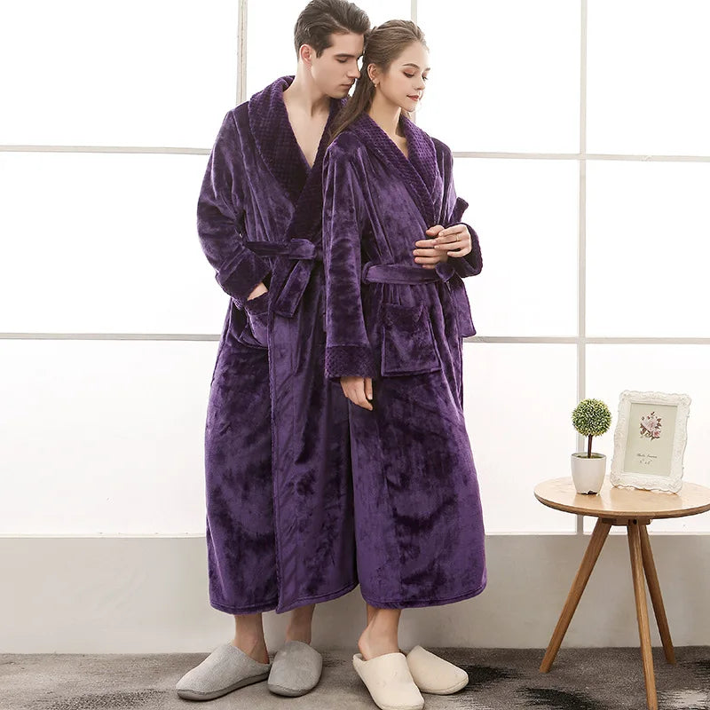 Night Dress Women Bathrobe Flannel Robe Women's Winter Lengthened Coralline Plush Shawl Bathrobe Long Sleeved Warm Bath Robe Men