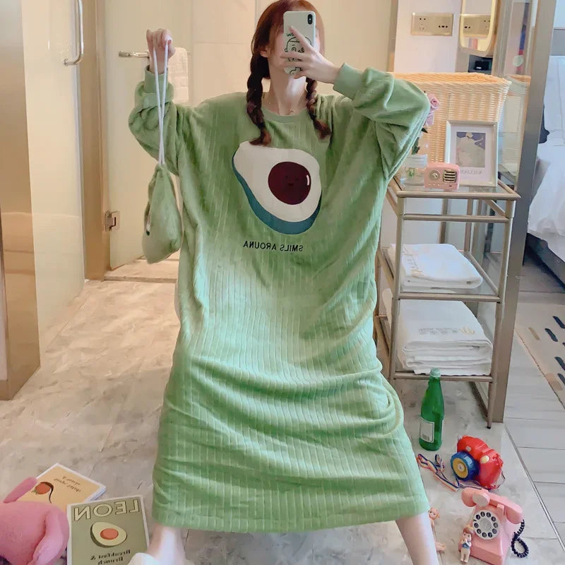 100kg Large Size Winter Flannel Nightgown Women Korean Student Cartoon Coral Velvet Sleepwear Long Sleeve Thick Warm Home Dress