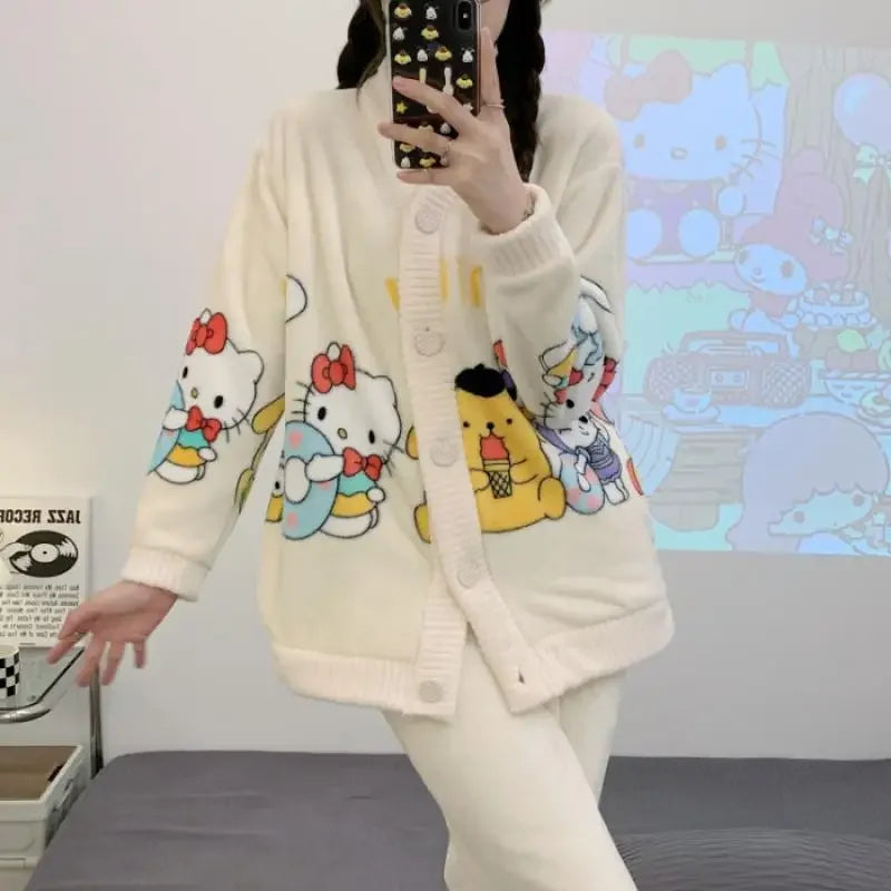 Hot Kawaii Hellokitty V-Neck Pajamas Girl Cute Sweet Home Clothes Sanrio My Melody Autumn Winter Flannel Cotton Suit Casual Wear