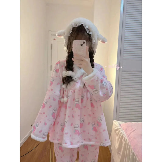 Kawaii hello kitty pajamas pajamas 2pcs girls long-sleeved tops Sanrio cute cartoon coral velvet casual home clothes warm suit