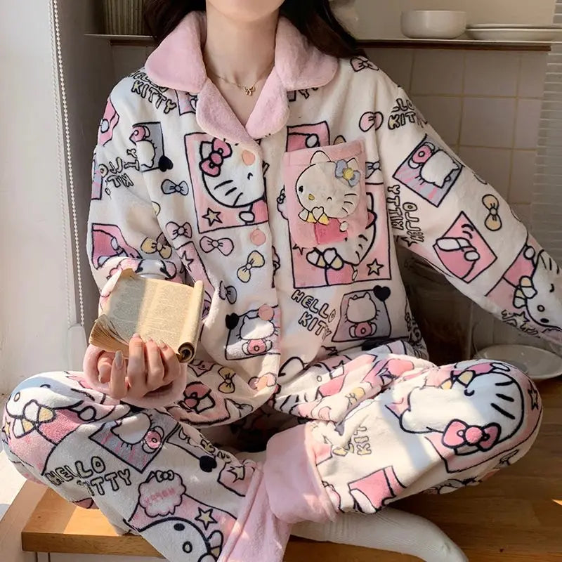 Kawaii Hello Kitty Coral Velvet Pajamas Set, Y2K Cartoon, Long-Sleeved Sanrio Tops, Cute Casual Warm Home Clothes Set, Hot