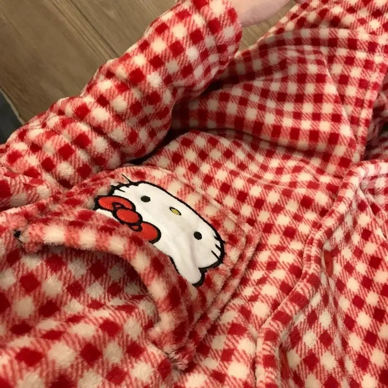 Kawaii Hellokitty Pajamas Girls Tops Autumn and Winter Coral Velvet Pajamas Red Plaid Cartoon Pants Casual Wear Home Clothes Set