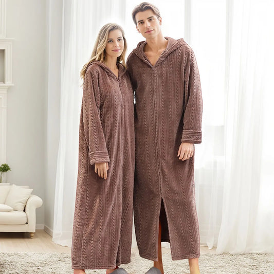 Long Hooded Zipper Bathrobe For Lovers Flannel Fleece Robes Winter Warm Housecoat Nightgown Family Christmas Pajama Pants