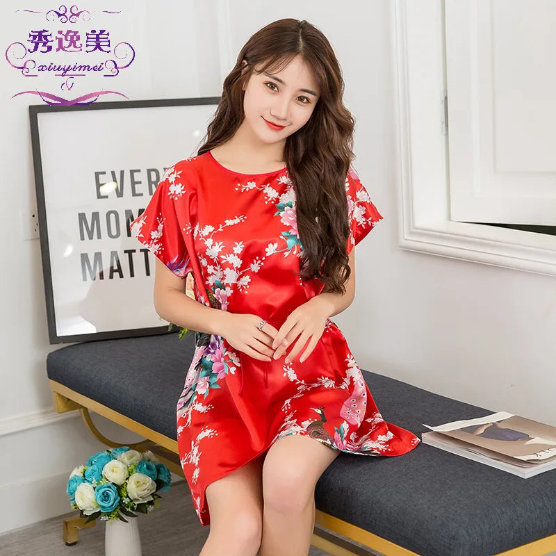 Night Skirt Female Summer Korean Student Cute Dress Plus Size Home Service Feminine Women's Ice Silk Pajamas Can Be Worn Outside