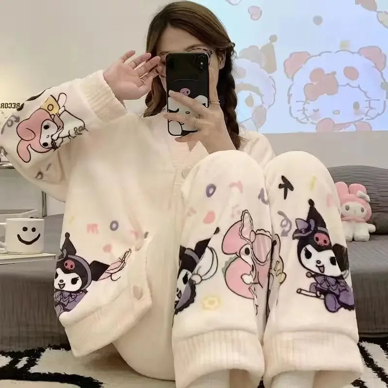 Hot Kawaii Hellokitty V-Neck Pajamas Girl Cute Sweet Home Clothes Sanrio My Melody Autumn Winter Flannel Cotton Suit Casual Wear