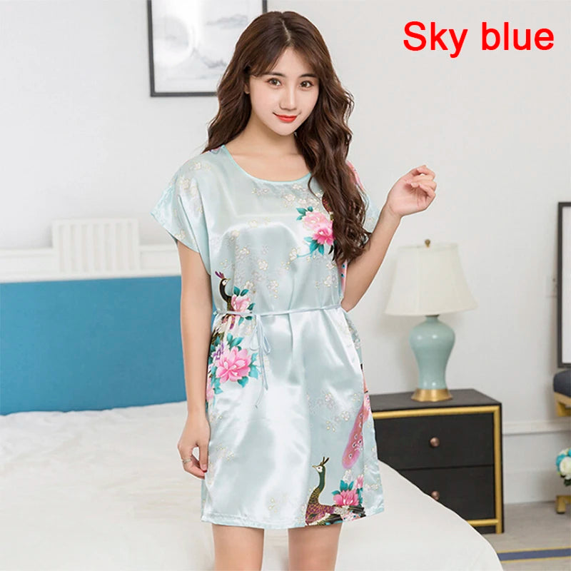 Women Short Sleeve Satin Sleepwear Silk Nightgown Nightdress Women Night Dress Ladies Fuax Silk Robes Nightwear