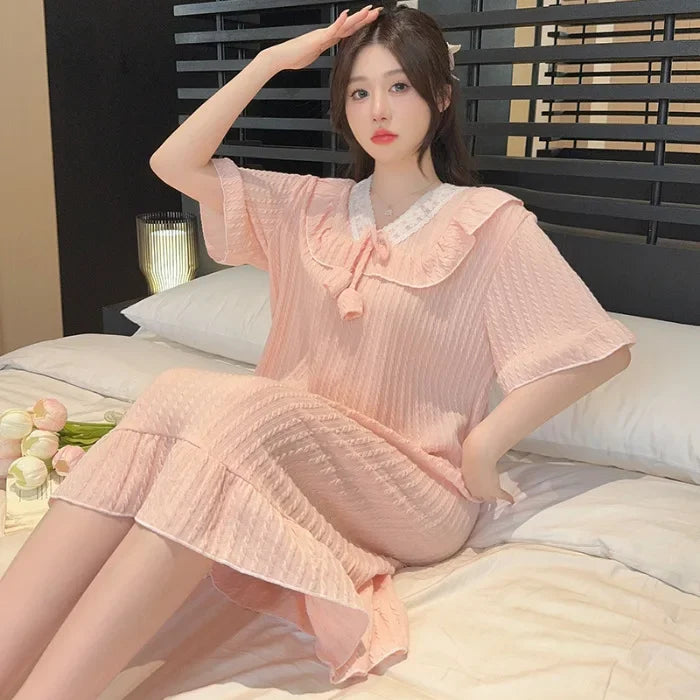 5XL Plus Size Short Sleeve Nightgown Women Japanese Ins Style Pajamas Cotton Homewear Summer Solid Loose Home Dress Sleepwear