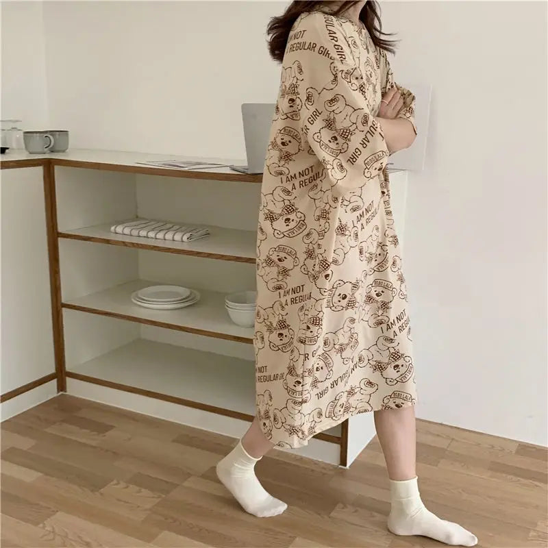 Plus Oversize Women Pajamas Dress Female Loose Cartoon Print Long Sleep Shirt Girls Thin Summer Home Clothing Can Be Wear Out